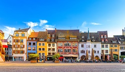Town square featuring cafes in Alsace Grand Est region, France
